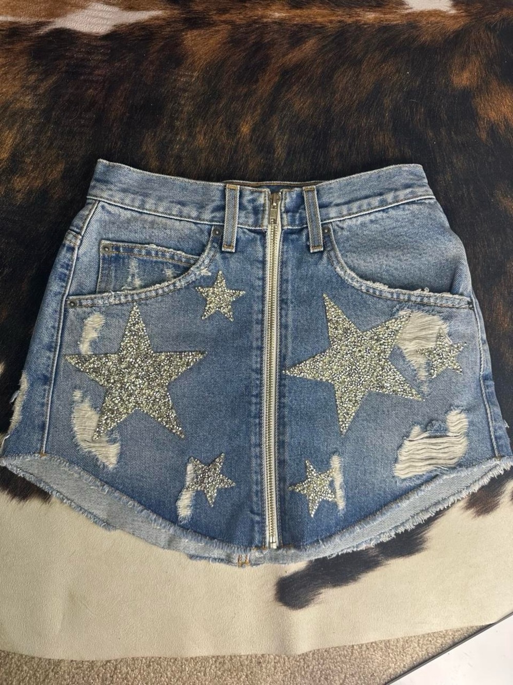 Carmar Blue Denim Mini Skirt with Silver Glitter Stars
